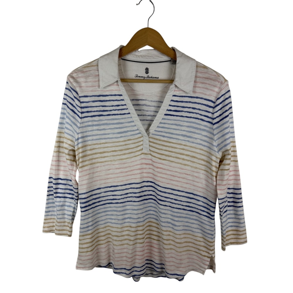 Tommy Bahama Striped Cotton V-Neck Collared Top Small Coastal Preppy Nautical